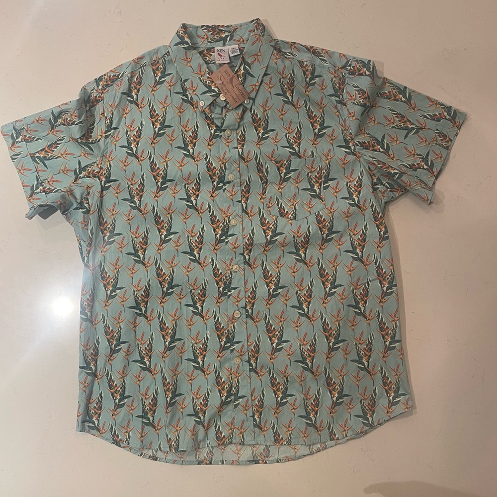 New Ken LTD Hawaiian button down shirt 2XL NWT Green Cotton floral tropical